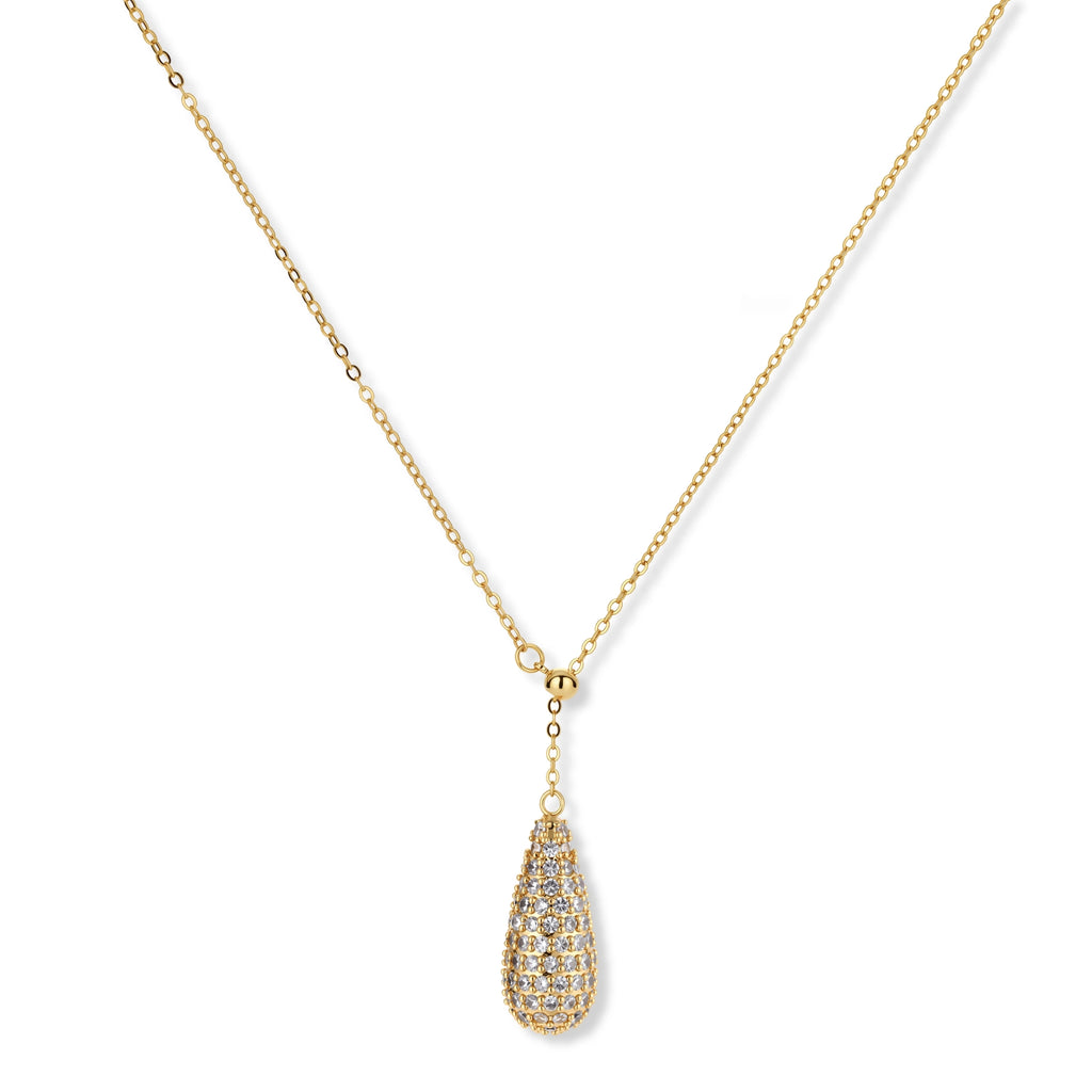 Gold-plated teardrop necklace and earrings covered in AAA cubic zirconia crystals on cream background.