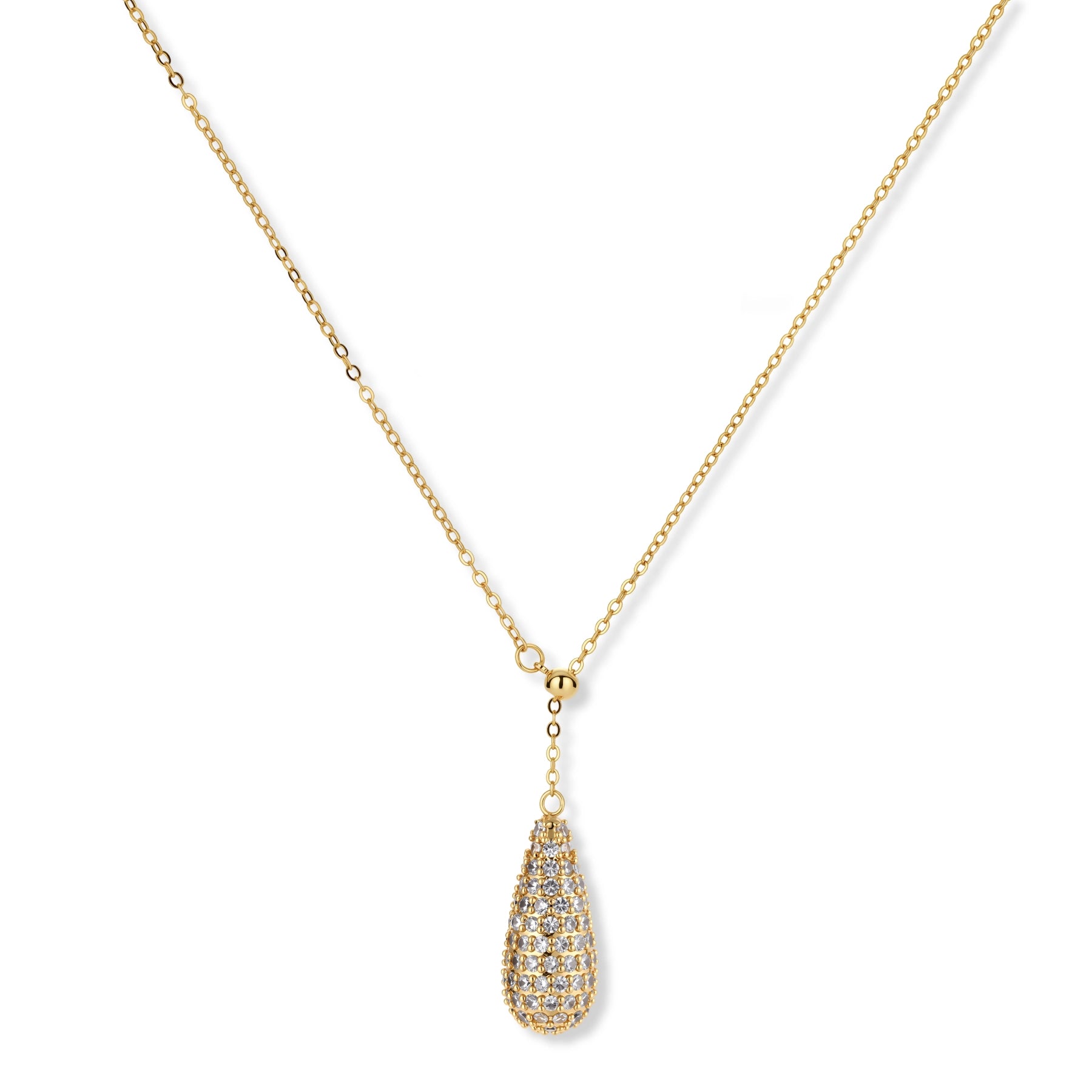 Gold-plated teardrop necklace and earrings covered in AAA cubic zirconia crystals on cream background.