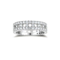 Wide sterling silver ring with three rows of brilliant moissanite stones in geometric pavé setting on white background