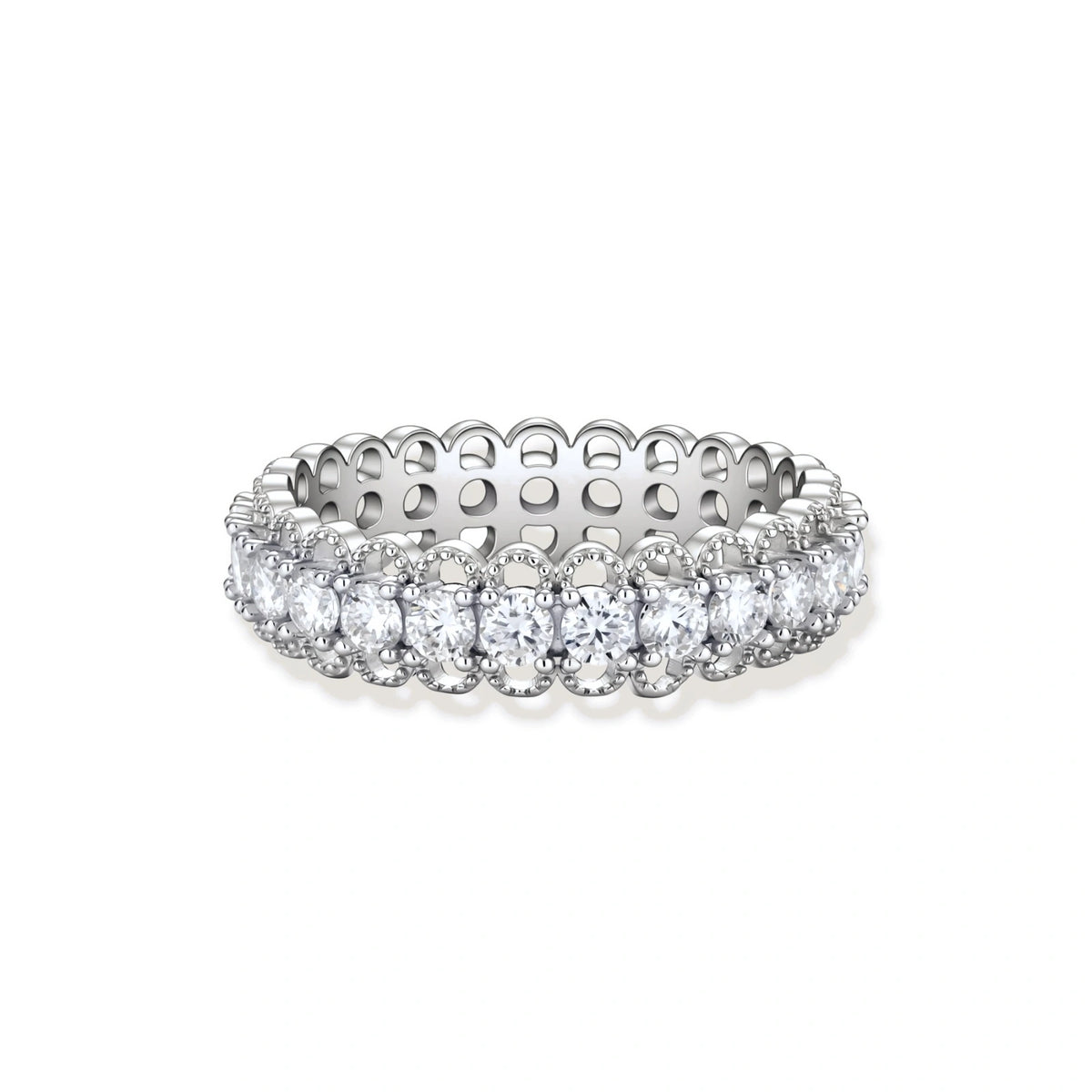 Sterling silver eternity ring with continuous row of brilliant moissanite stones in scalloped crown setting with milgrain detail