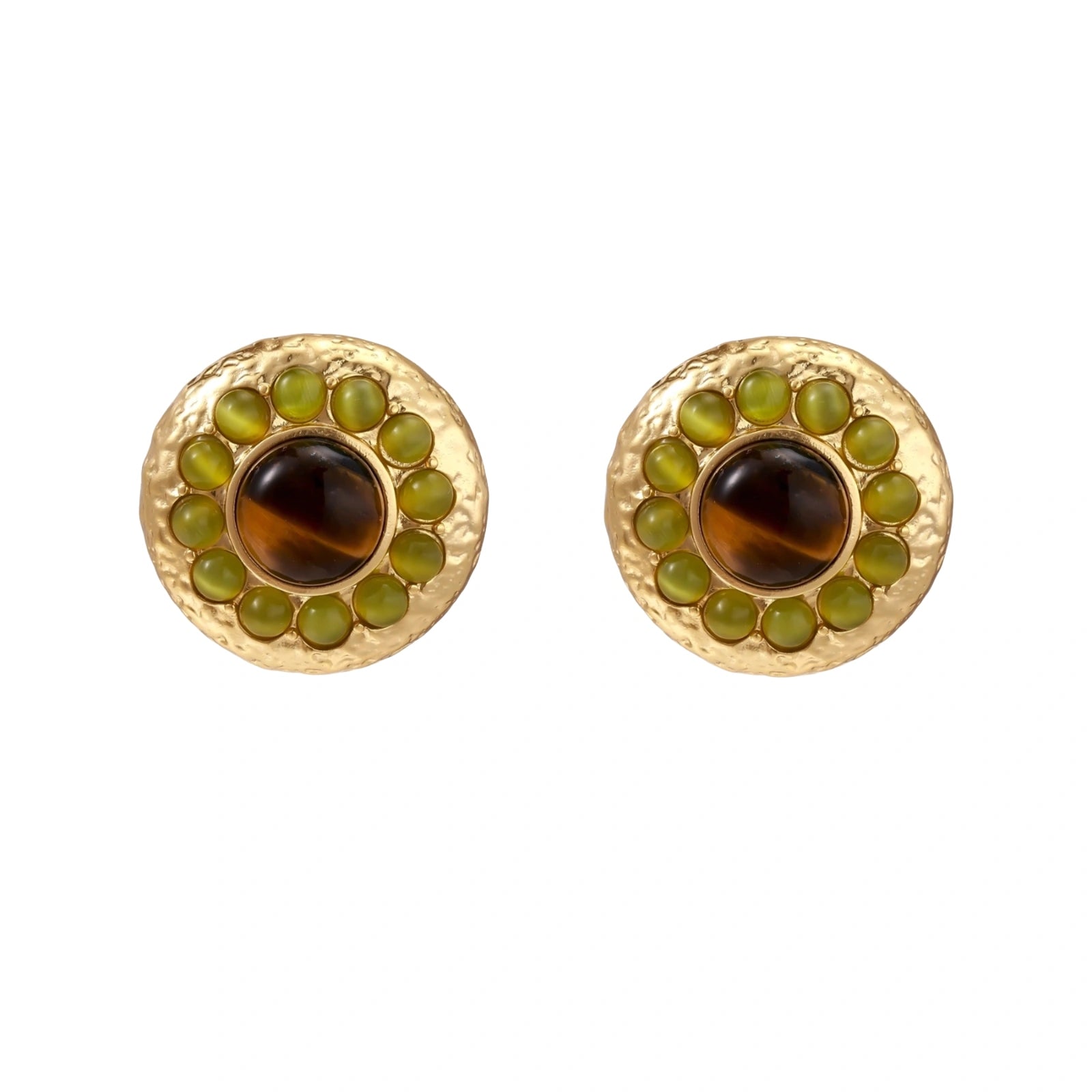 Round hammered gold studs with brown tiger's eye center surrounded by olive green liuli stones on white background.