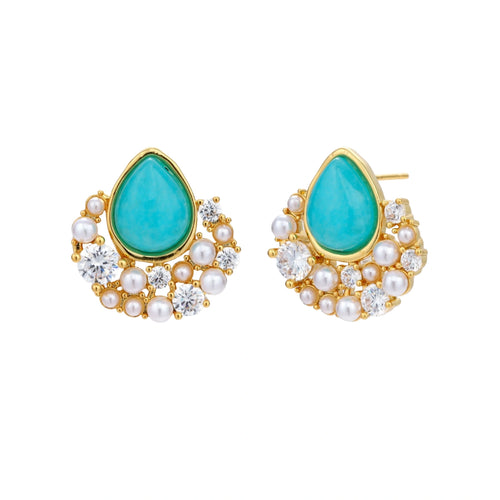 Gold-plated cluster earrings with teardrop turquoise stones surrounded by white pearls and clear crystals