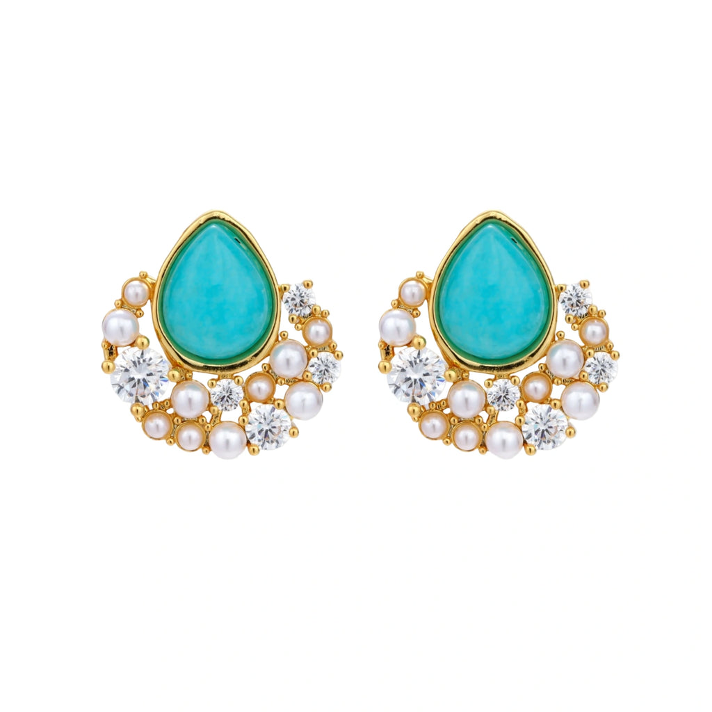 Gold-plated cluster earrings with teardrop turquoise stones surrounded by white pearls and clear crystals