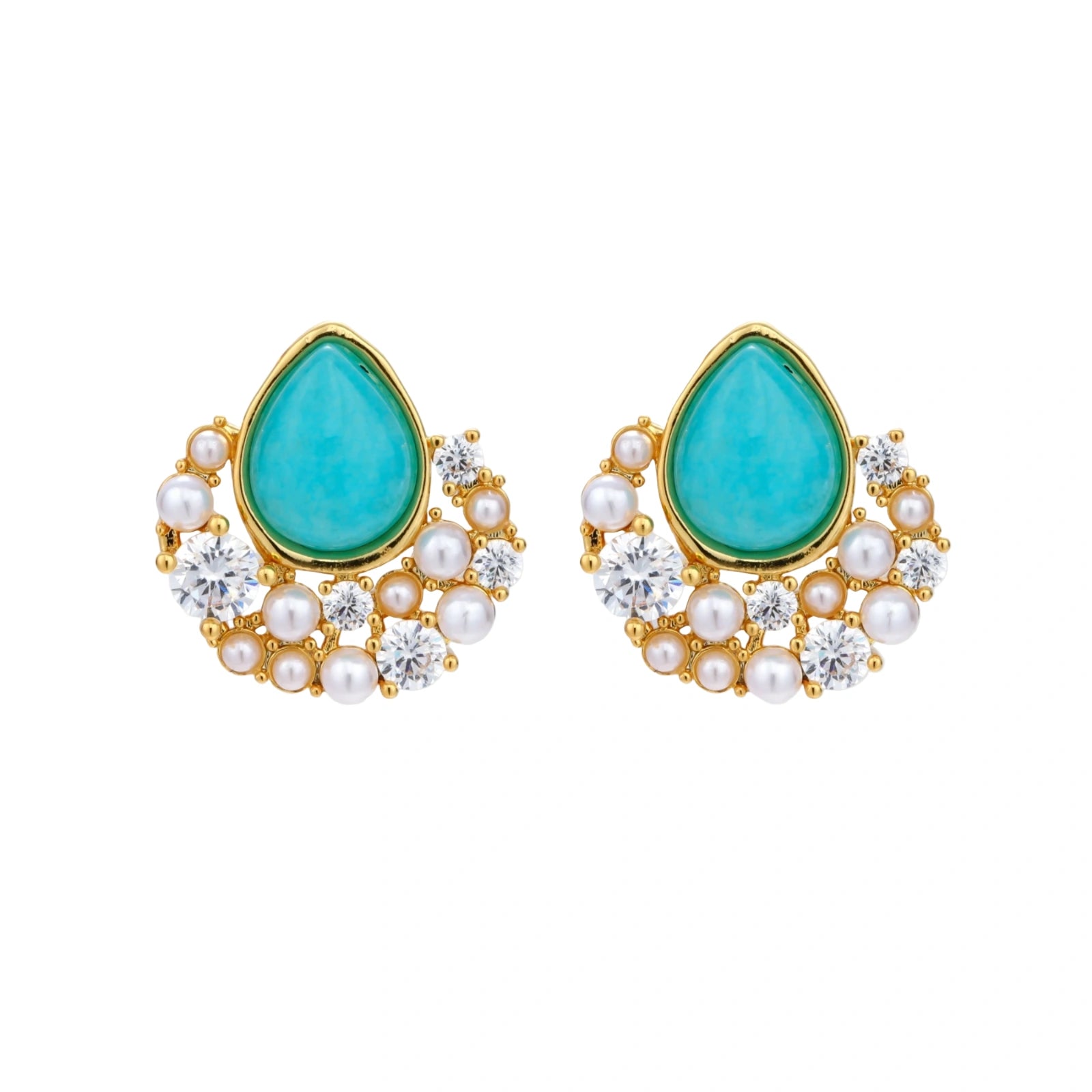 Gold-plated cluster earrings with teardrop turquoise stones surrounded by white pearls and clear crystals