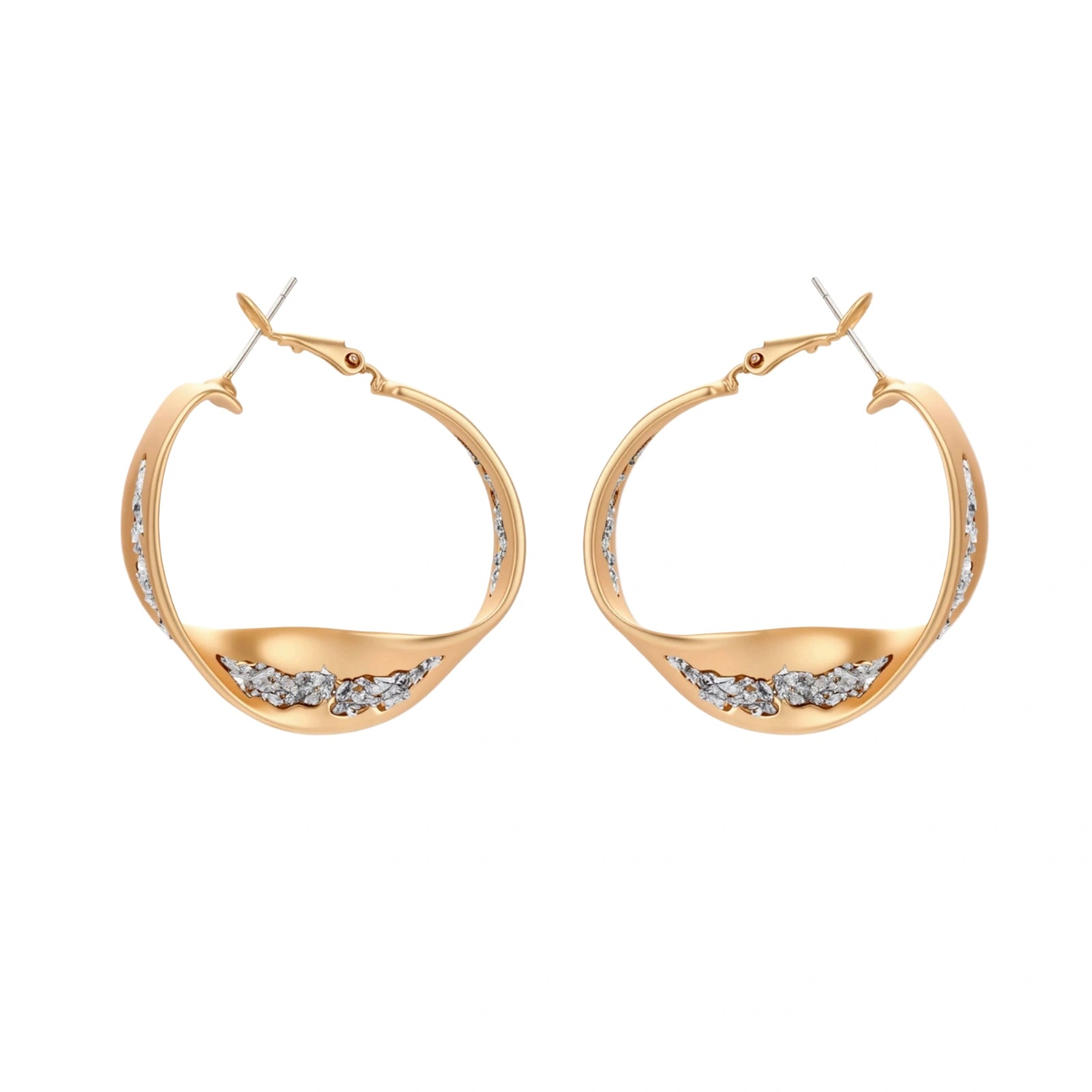 Sculptural wavy hoop earrings with crystal details and organic curved silhouette in gold and silver variants