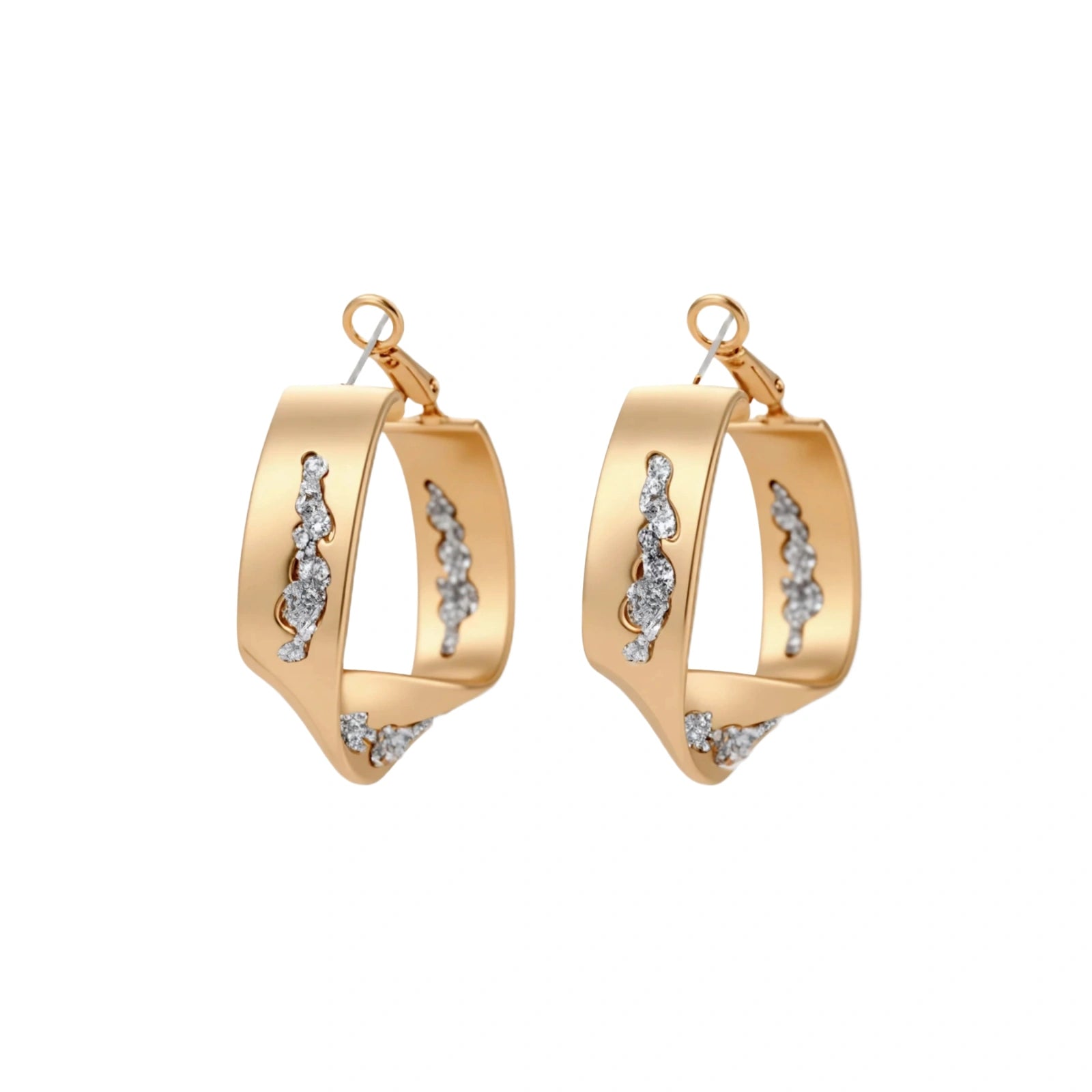 Sculptural wavy hoop earrings with crystal details and organic curved silhouette in gold and silver variants