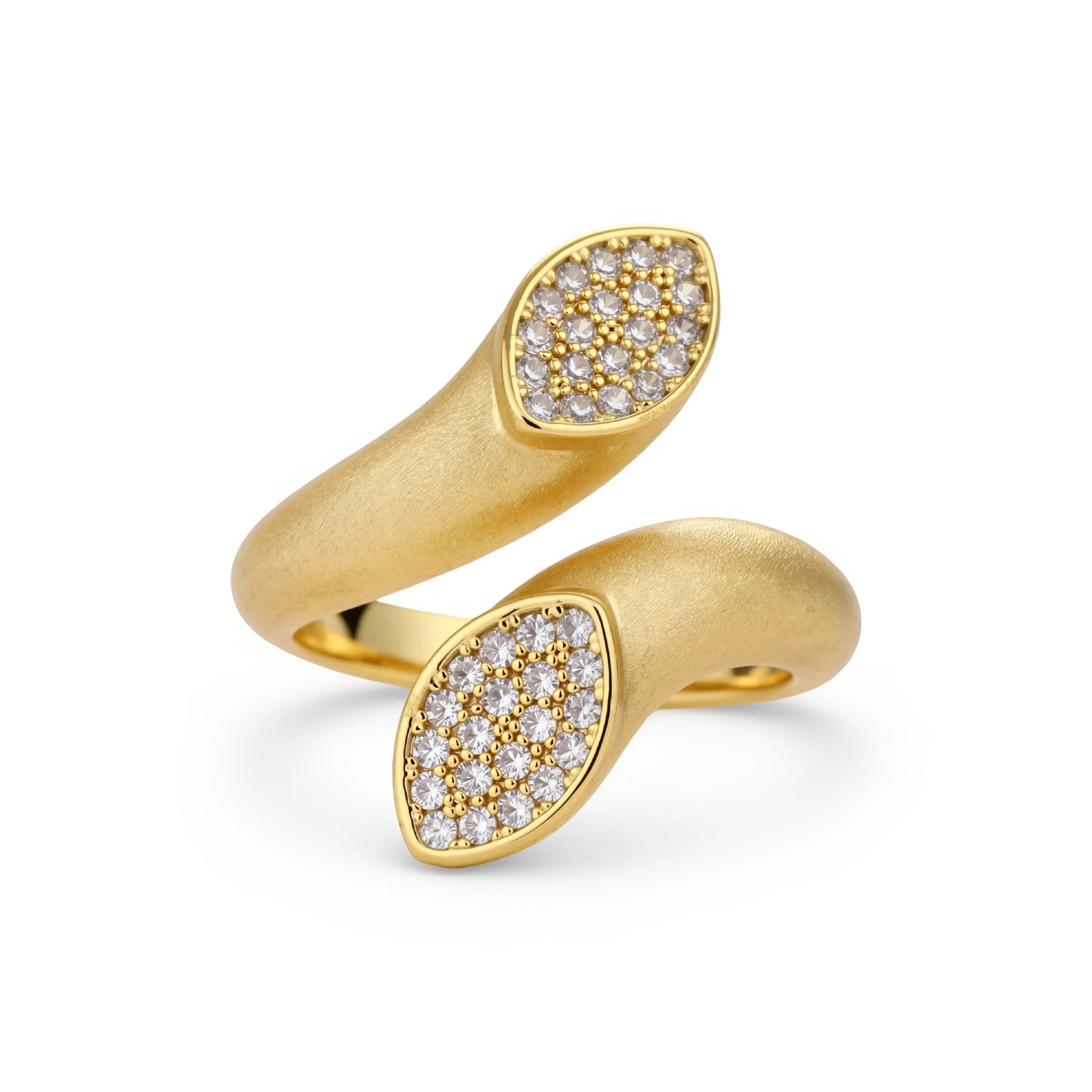 Open-band gold-plated ring with two oval pavé zirconia sections positioned at opposite ends, adjustable design