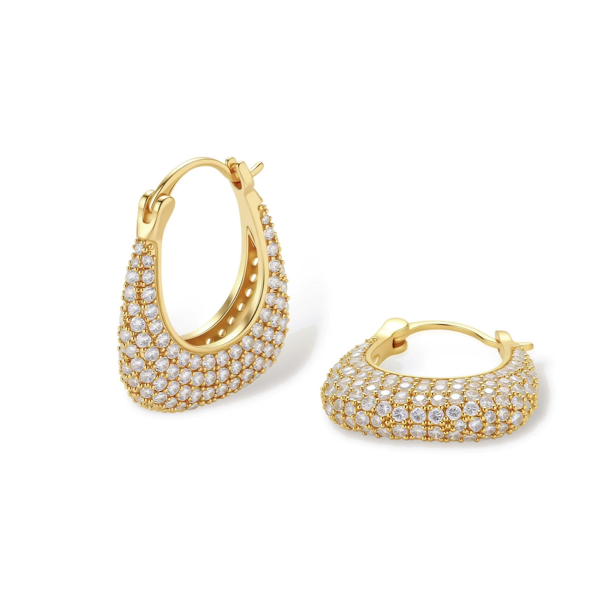 Gold-plated hoop earrings fully covered in sparkling zircon crystals with hinged closure on neutral background