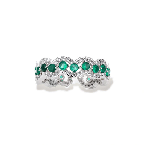 Platinum-plated copper ring with green zirconia stones in decorative scalloped wave pattern, adjustable band design.