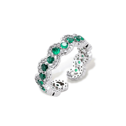 Platinum-plated copper ring with green zirconia stones in decorative scalloped wave pattern, adjustable band design.