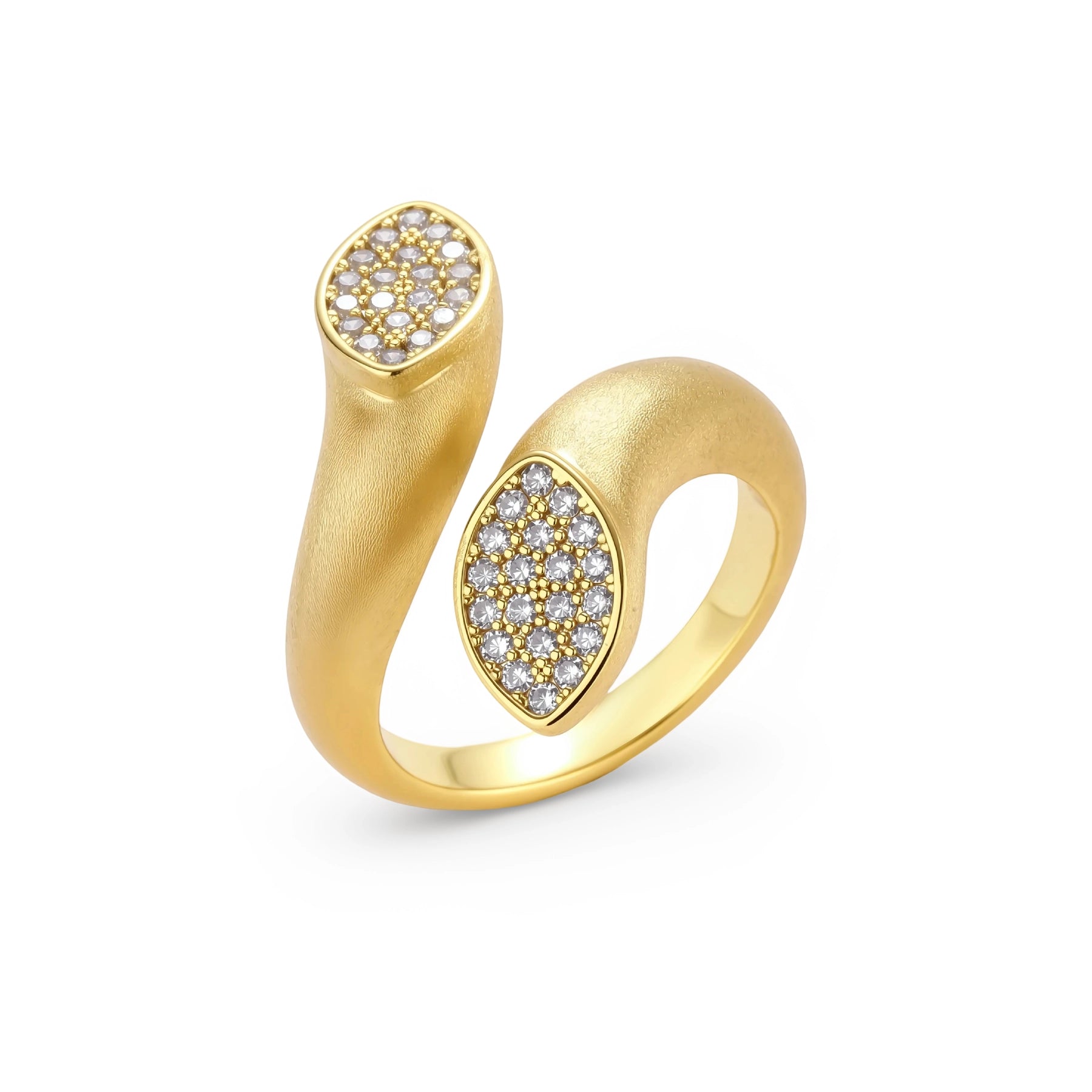Open-band gold-plated ring with two oval pavé zirconia sections positioned at opposite ends, adjustable design