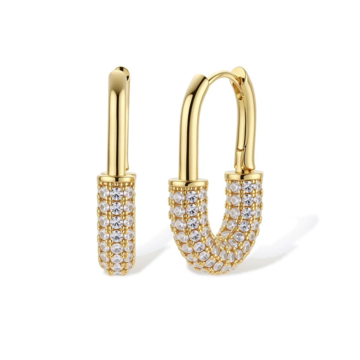 Gold-plated huggie hoop earrings with pavé zirconia stones covering the bottom curve, shown in open and closed positions.