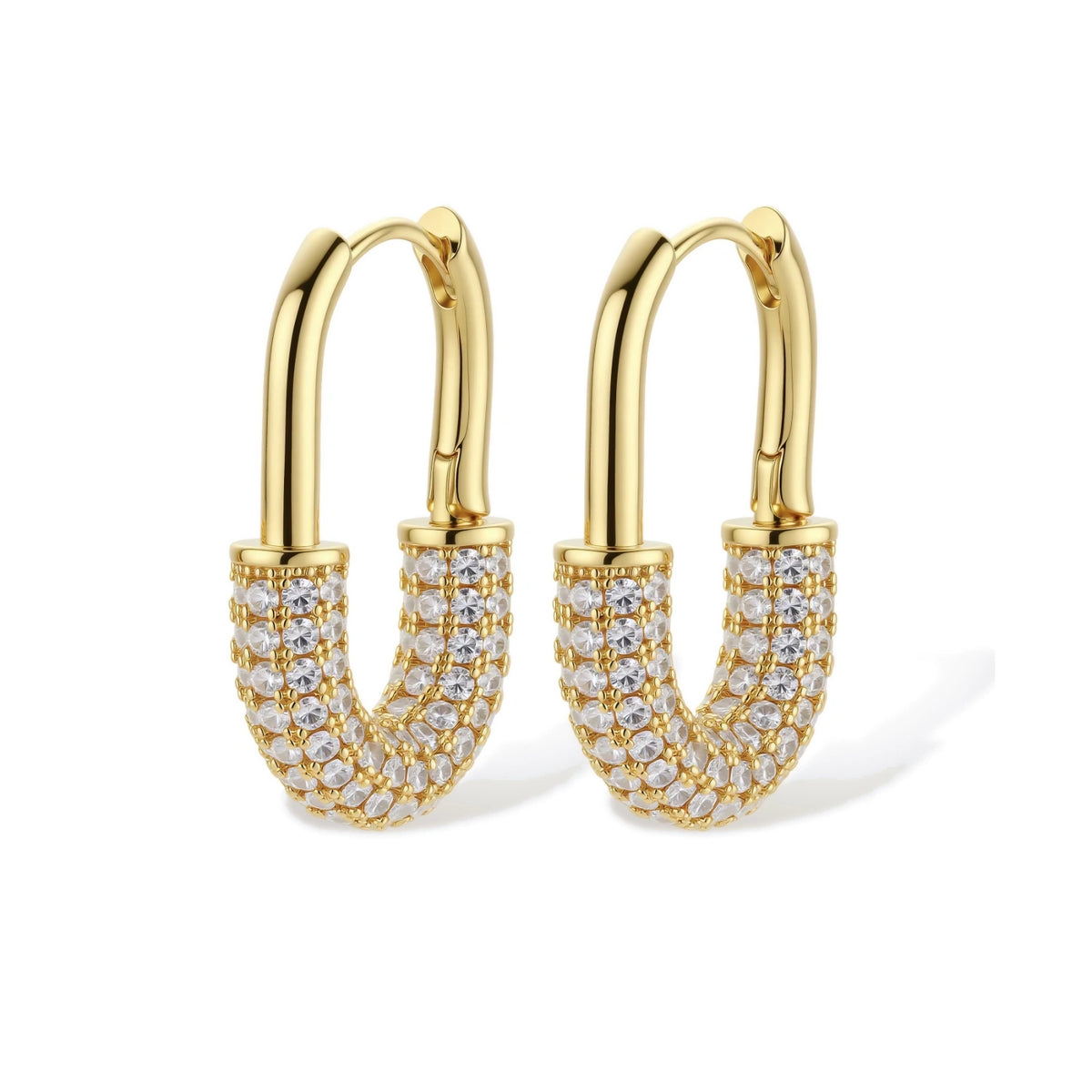 Gold-plated huggie hoop earrings with pavé zirconia stones covering the bottom curve, shown in open and closed positions.