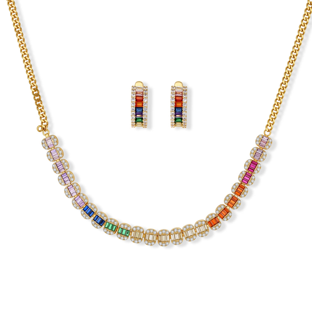 Gold-plated jewelry set featuring rainbow baguette-cut cubic zirconia stones in geometric design on cream background
