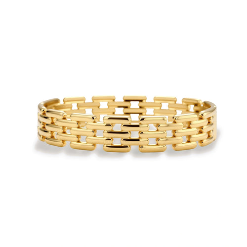 Wide 18K gold plated stainless steel bracelet with a multi-row rectangular grid link chain pattern on a cream background.